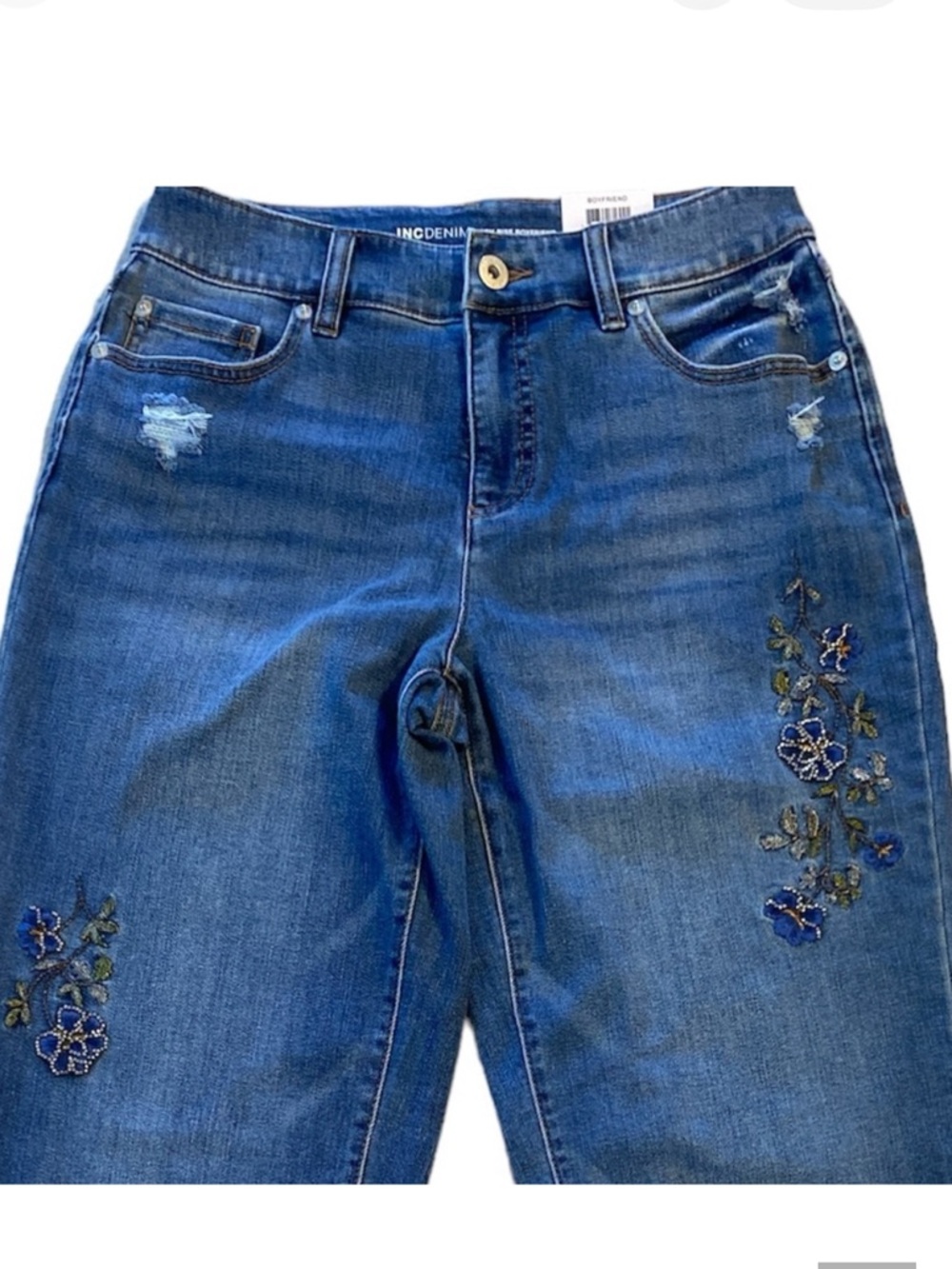 🆕INC DENIM: Boyfriend Fit Jeans/ Distressed with Blue Pansy Beaded Design Sz 6P